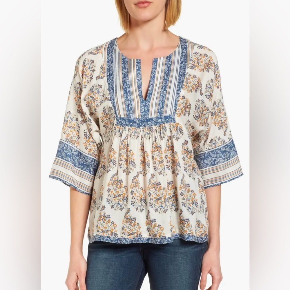 Lucky Brand Womens Floral Peasant Top Sz Medium Multicolor Split Neck 3/4 Sleeve